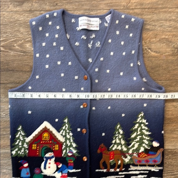 Marisa Christina Women's Size Medium 100% Wool Blue Vintage Holiday Vest - Picture 9 of 11